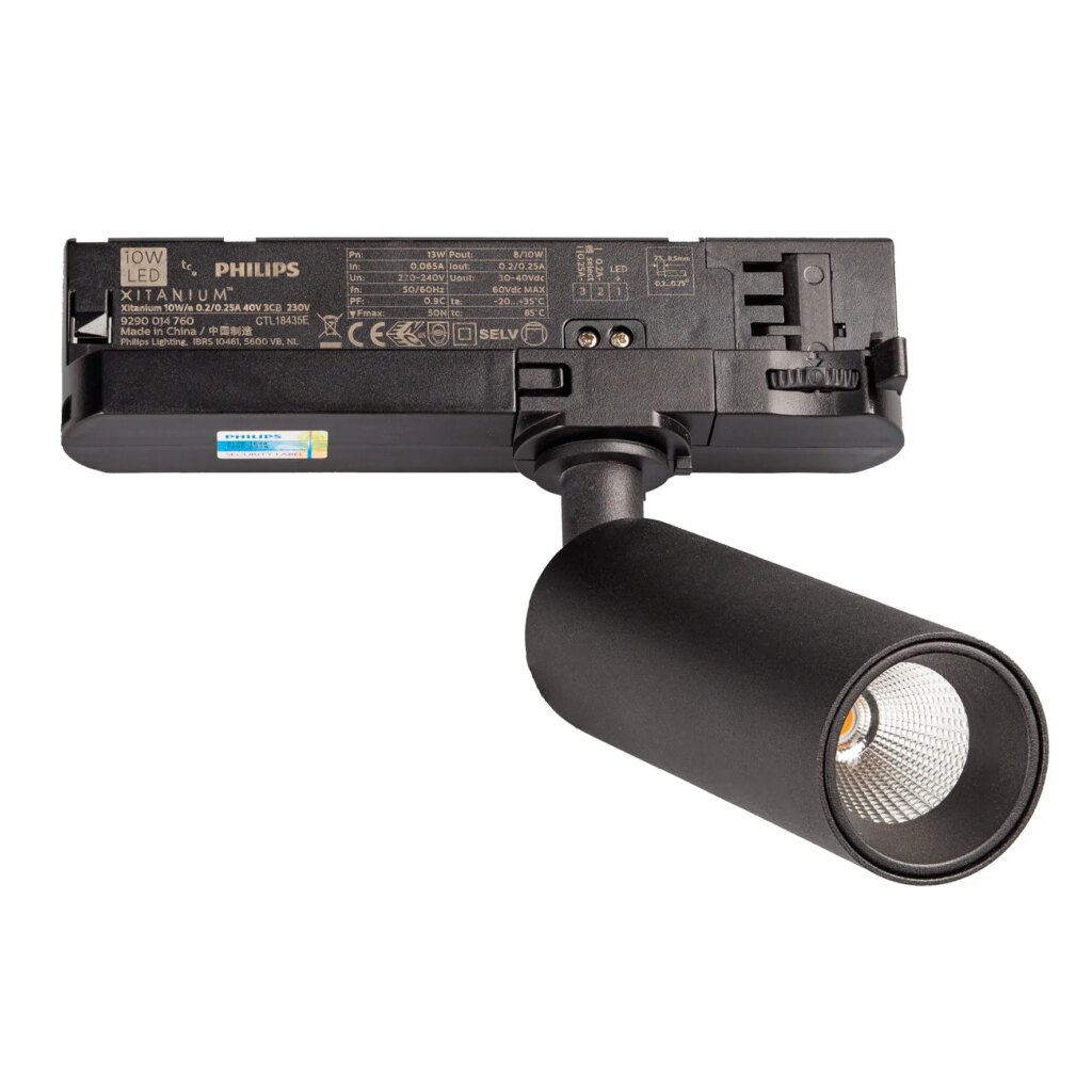 Railsspot zwart LED 2700K CRI95+ 10W 250mA 36dgr met 3 fase adapter dimbaar