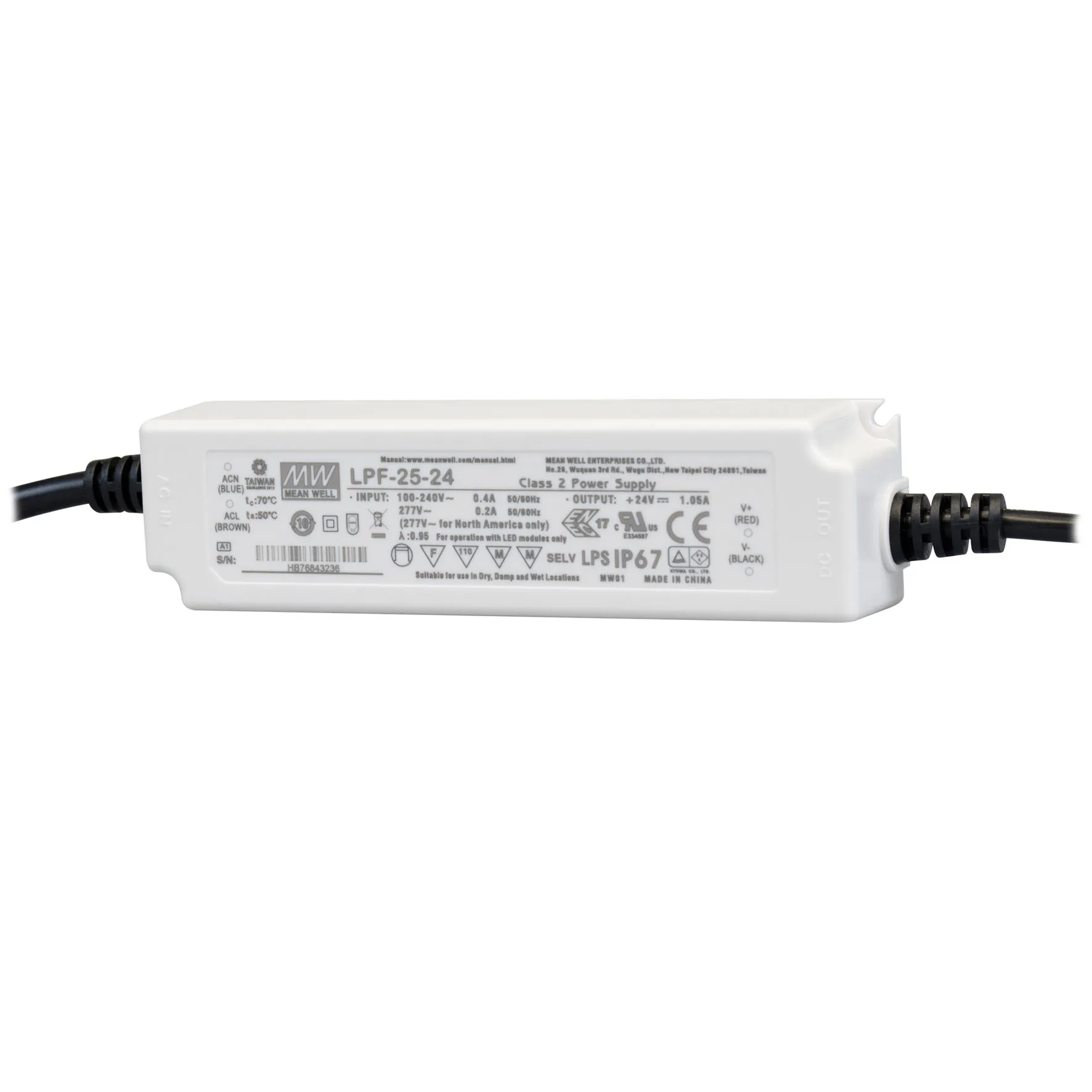 Ledtrafo 25W, 24Vdc IP67; niet dimbaar