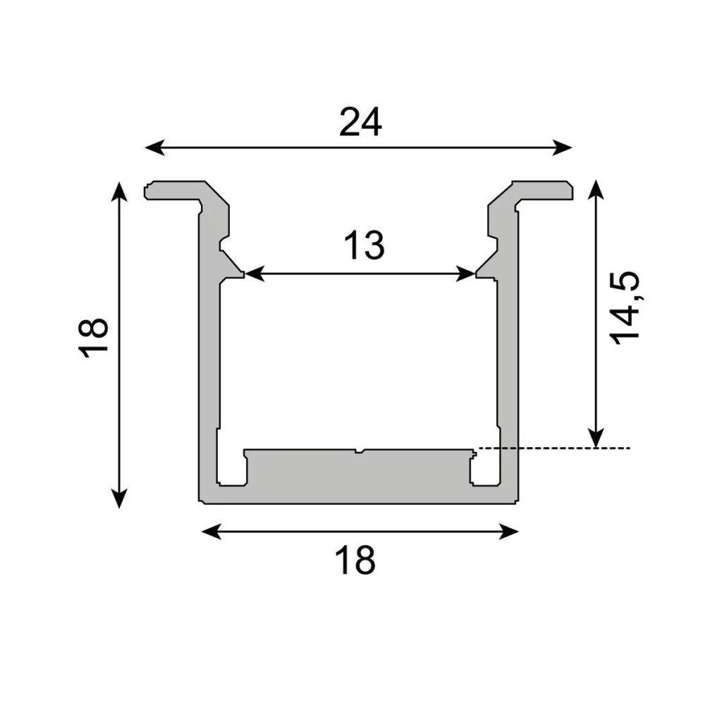 Zwart u-profiel recessed hoog 18mm x 24mm x 18mm