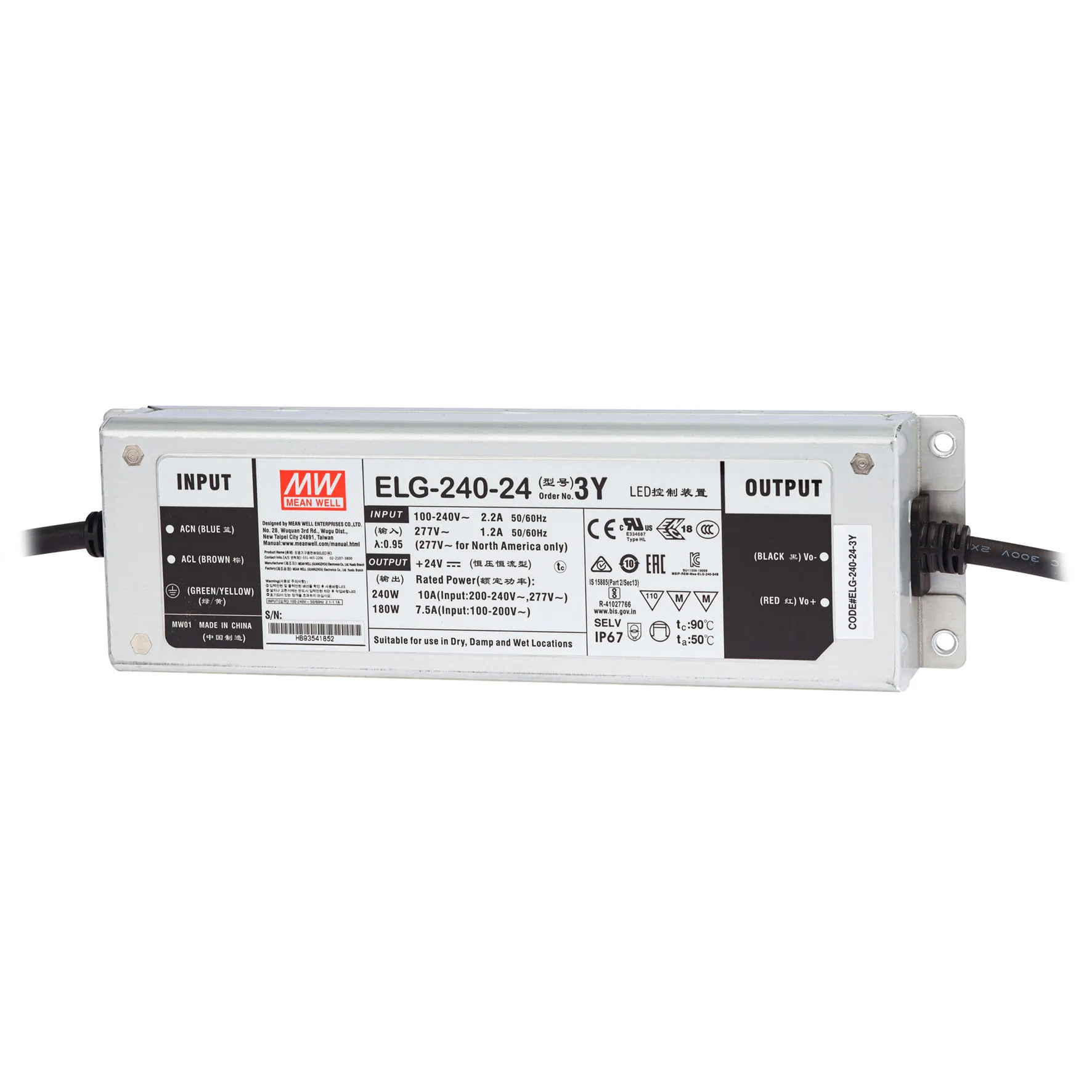 Ledtrafo 240W 24Vdc IP67; niet dimbaar