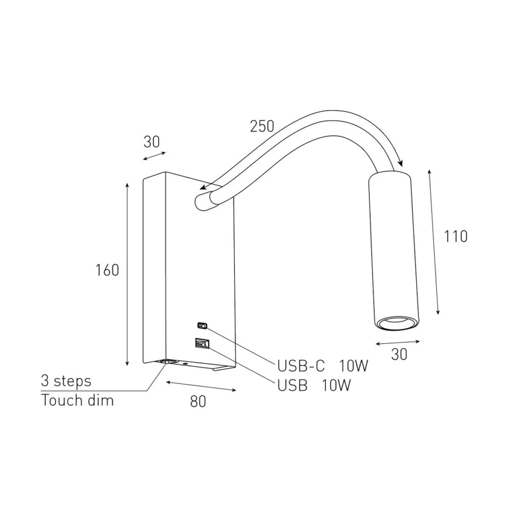 Wandlamp Flexarm 3W 2700K CRI90+ IP20 zwart dimbaar 3-step touch op armatuur